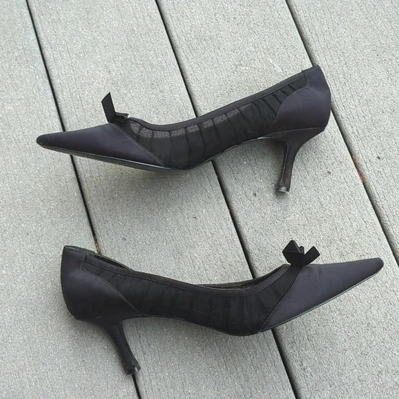 Metaphor Satin and Mesh Pointed Toe Heels with Bow - Picture 7 of 12